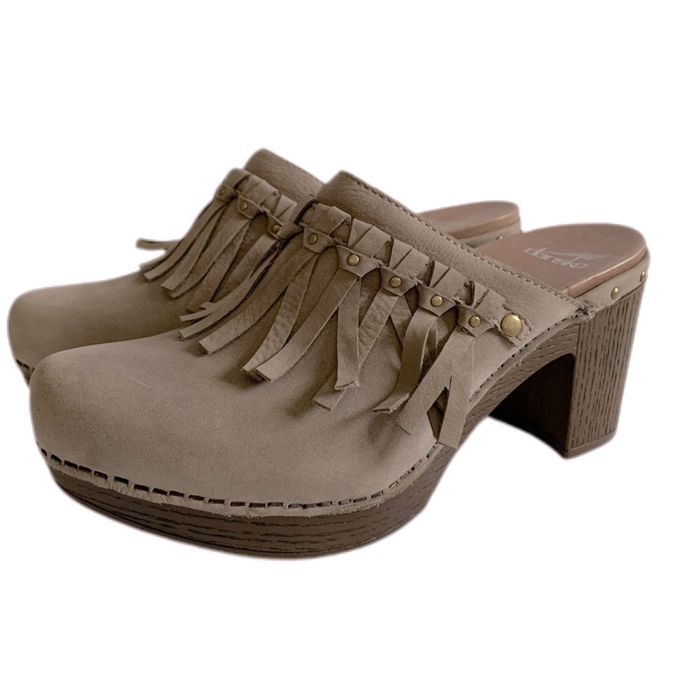 Dansko Deni Leather Fringe Studded Wood Mule Ankle Block Heels 40 EU 9.5-10